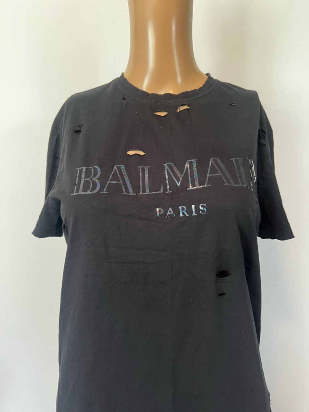 Balmain Black Distressed Logo Short-Sleeve Tee size small - Picture 4 of 10